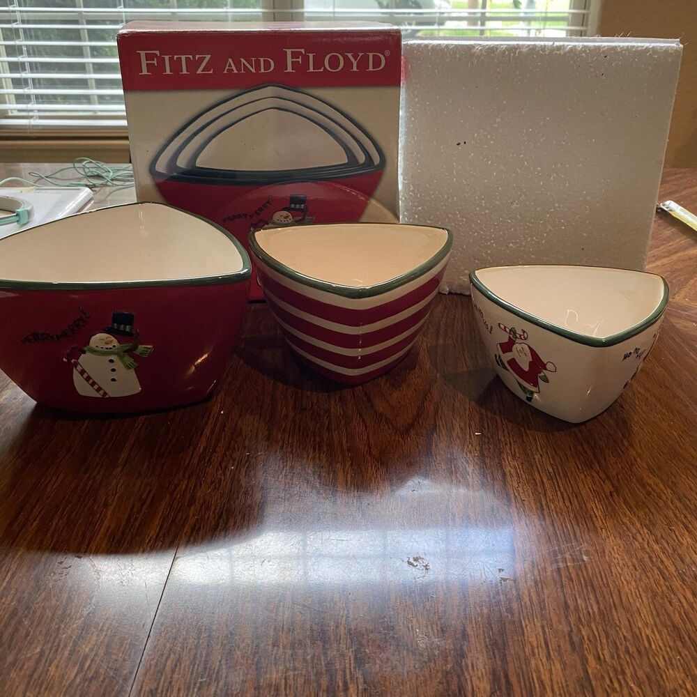 NOS 2006 FITZ & FLOYD Merry Christmas Snowman Nesting Bowl Set #2019/1003